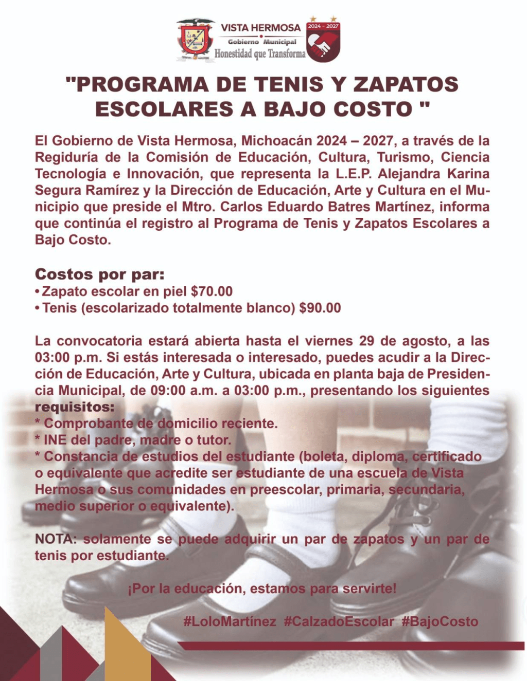 Vista Hermosa lanza programa de calzado escolar a bajo costo para apoyar la economía&nbsp;familiar