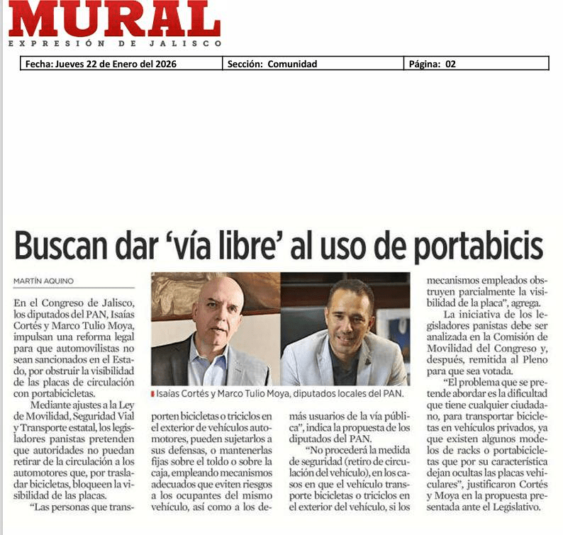 Diputados impulsan reforma para evitar sanciones por portabicicletas en&nbsp;Jalisco