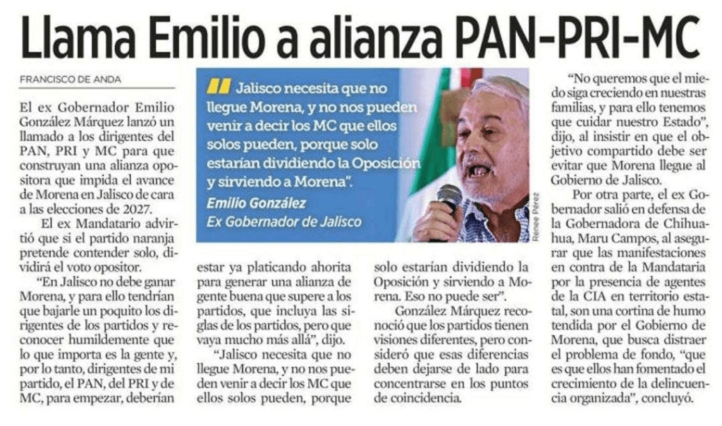 Emilio González Márquez llama a alianza PAN-PRI-MC en&nbsp;Jalisco